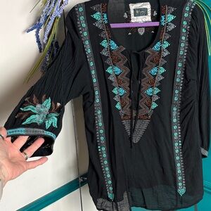 Johnny Was Embroidered Black Peasant Top with Teal Accents
